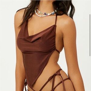 Frankie's Bikinis Brown Indy satin halter tankini top